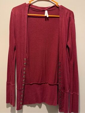 Open-Front Snap-Trim Cardigan Sweater in Maroon
